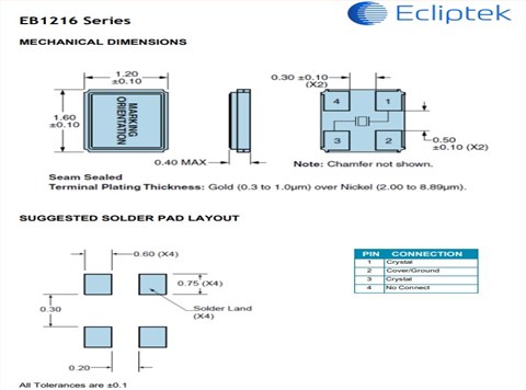 ECLIPTEK谐振器EB1216晶振,EB1216YA10-26.000M TR汽车级石英晶振